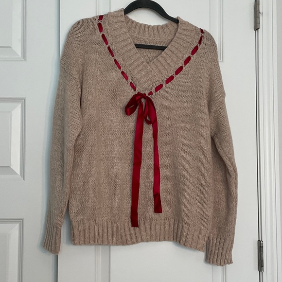 Sweaters - Beige Sweater with Red Satin Ribbon Accents